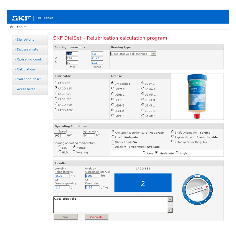 SKF DialSet - Relubrication calculation program